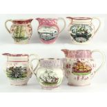 Property of a gentleman - a collection of six early C19th pink Sunderland lustre jugs, mostly