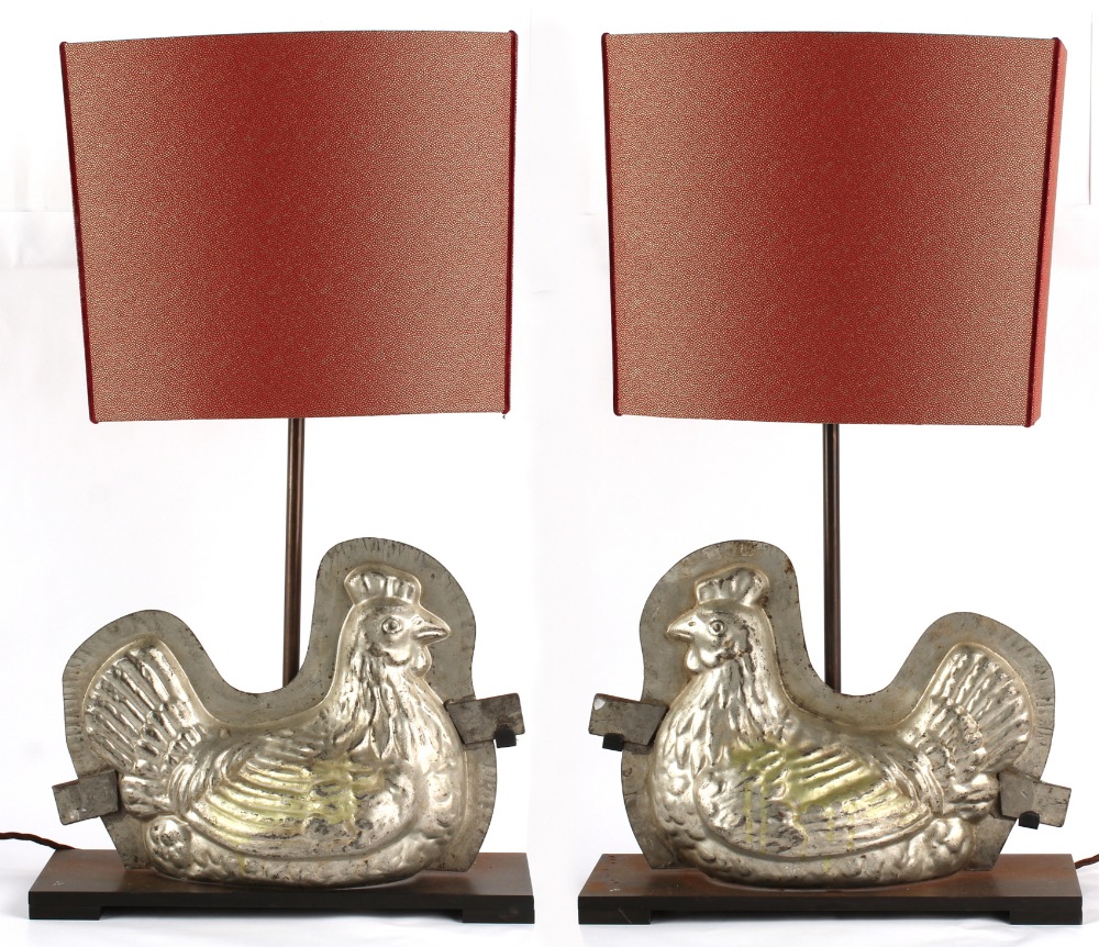 Property of a lady - a pair of modern chicken mould table lamps by Rogier of London, signed, with