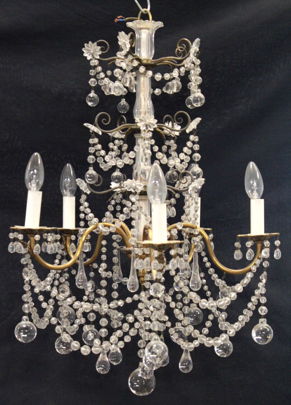 Property of a deceased estate - a five-light electrolier, with glass drops, 28ins. (71cms.) high (