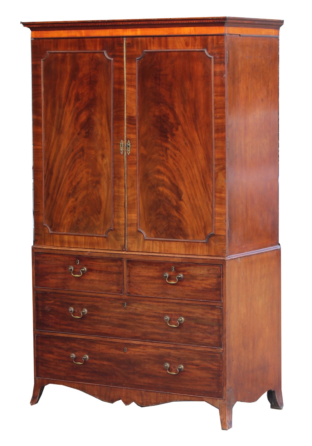 Property of a deceased estate - a George III mahogany two-part linen press, with dentil cornice