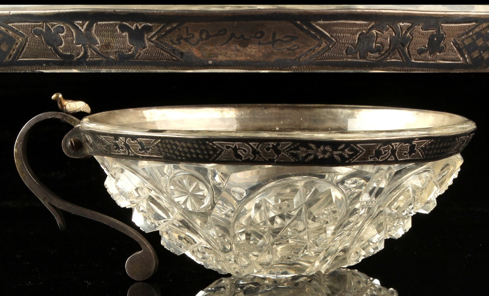 Property of a deceased estate - a cut glass bowl or cup, possibly Bohemian, with niello decorated