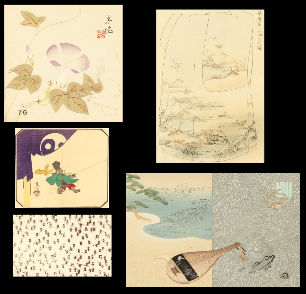 A group of five Japanese prints, all probably early C20th, including a fan print & kimono designs,