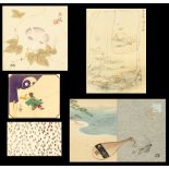 A group of five Japanese prints, all probably early C20th, including a fan print & kimono designs,