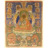 A thanka or thangka, probably late C19th / early C20th, 30.7 by 24ins. (78 by 61cms.), mounted in
