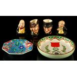 Property of a lady - two Longwy dishes; together with two Royal Doulton miniature character jugs;