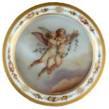 A C19th Bohemian opaque white or milk glass shallow dish, painted with two cherubs holding a garland