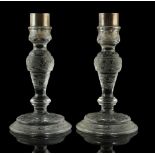 Property of a deceased estate - a pair of late C19th / early C20th engraved glass candelabra