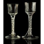 A small private collection of drinking glasses - two cordial glasses, both with double series opaque