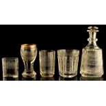 Property of a deceased estate - five 19th century Bohemian etched clear glass items, including a