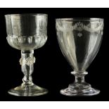 Property of a lady - a mid C18th clear glass roemer, the hollow stem with applied prunts & folded