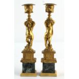 Property of a deceased estate - a pair of C19th French ormolu cherub candlesticks, 9.8ins. (