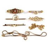 Property of a deceased estate - five assorted brooches including two 15ct gold examples; together