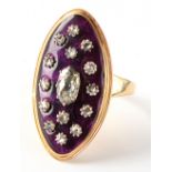 A late Georgian gentleman's gold & purple enamel navette shaped ring set with rose cut diamonds, the