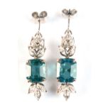 A pair of aquamarine & diamond drop earrings, the bright octagonal cut aquamarines each