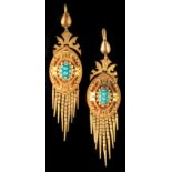 Property of a deceased estate - a pair of Victorian Etruscan style gold & turquoise fringe earrings,