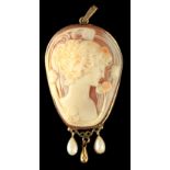 Property of a deceased estate - a good Art Nouveau shell cameo pendant, with two suspended pear