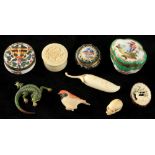 Property of a lady - a bag containing assorted items including a Japanese carved ivory skull netsuke