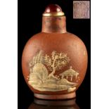 A 19th century Chinese Yixing snuff bottle decorated in cream slip with pavilions & shrubs,