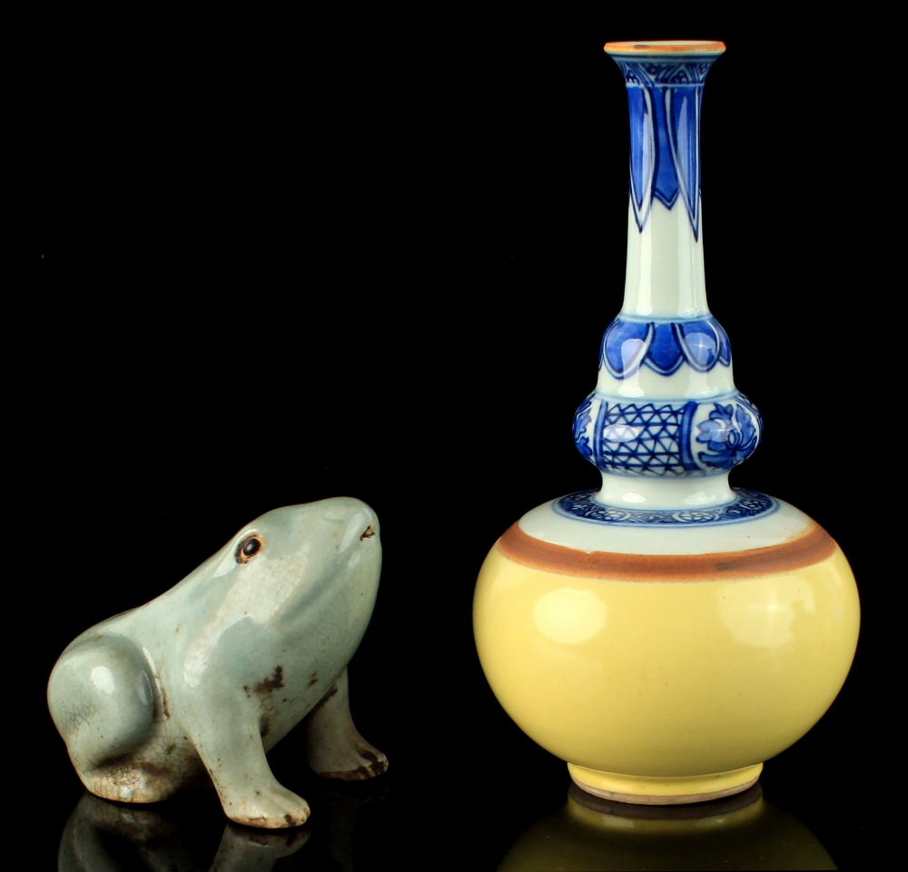 A Chinese celadon glazed water dropper modelled as a frog, probably early 20th century, 2.85ins. (