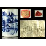 Property of a lady - a Chinese blue & white brush pot, bitong, 19th century, painted with a