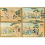 A set of four 18th / 19th century Chinese export paintings on paper depicting figures in gardens &