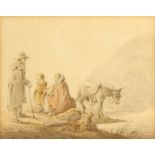 Property of a lady - early 19th century English school - FAMILY AND DONKEY RESTING BY A POOL -