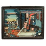 Property of a lady - a 19th century Chinese reverse painting on glass depicting a lady playing a