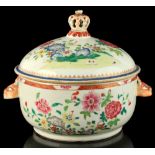 An 18th century Chinese Qianlong period famille rose circular tureen & cover, with mask handles &