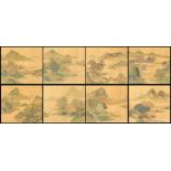 A good set of eight Chinese paintings on silk depicting landscapes with pavilions & figures, 19th