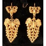 A pair of Victorian unmarked yellow gold earrings modelled as bunches of grapes, each