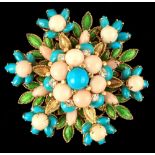 A large turquoise pink pearl diamond & green enamel flowerhead pendant brooch, the clip stamped '