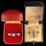 A diamond & sapphire five stone ring, size Q, boxed; together with an emerald ring with navette