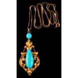 A Victorian unmarked yellow gold & turquoise pendant, 2.55ins. (6.5cms.) high (overall), suspended