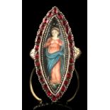 A 19th century navette shaped ring painted with a figure of a standing Saint, within a millegrain