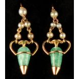 A pair of emerald & pearl amphora shaped earrings, each approximately 1.6ins. (4cms.) high (