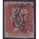 Stamps - GB 1841 1d Red Imperf. Fine four margins cancelled by a good obvious strike of the rare