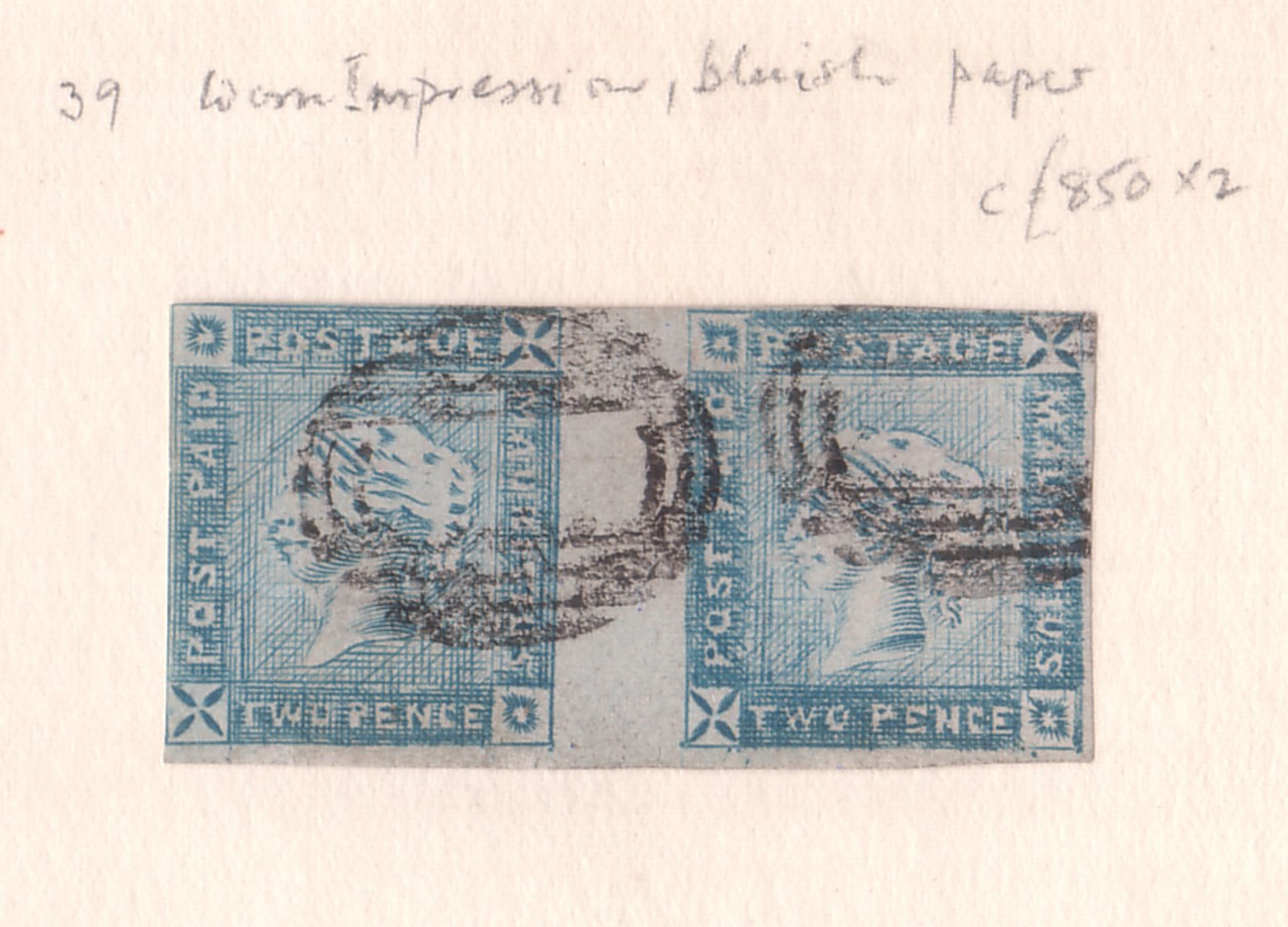 Stamps - 1859 Mauritius 2d Blue Lapirot. A very fine worn impression pair cancelled by light