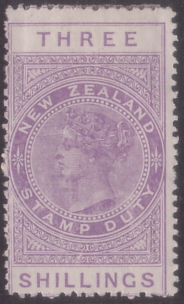 Stamps - New Zealand 1888 Three Shilling Mauve Postal Fiscal, wmk 126, perf 12½, mounted mint. SG
