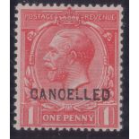 Stamps - GB George V 1912 1d Vermilion, wmk Royal Cypher, "Cancelled" overprint type 24, unmounted