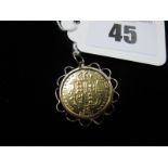 Victoria Half Sovereign, 1887, shield back, loose set within 9ct gold pendant mount.