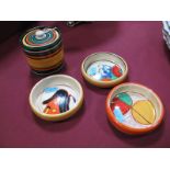 Three 1930's Clarice Cliff "Bizarre" Circular Rimmed Dishes, painted respectively in the Orange