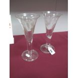 A Pair of Early XIX Century Ale Glasses, of drawn conical form, each bowl etched with hops and wheat