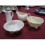 Three Items of XX Century Belleek Porcelain, comprising a shell shaped dish on three shell feet, 9.