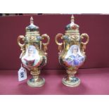 A Pair of Early XX Century Vienna Style Porcelain Vases and Covers, of two handled pedestal form