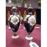 A Pair of Royal Crown Derby Bone China Vases and Covers, of ovoid form, reserved with panels of