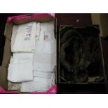 Two Fur Stoles, a fur scarf and a collection of embroidered linen sheets, table covers, etc:- Two