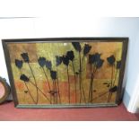 A large Gold and Copper Leaf Backed Geometric Image, with stem flowers in silhouette, 100 x 160cms.