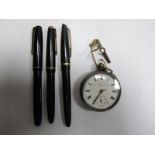 A XIX Century Silver Pocket Watch, together with three fountain pens with 14K nibs.