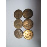 Pennies, 1907, 1908, 1909, 1910, 1911, and 1913. All NEF w/l.