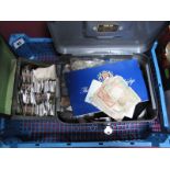 A Quantity of British and Foreign Base Metal Coins. Mixed banknotes. In a cash box and casket.